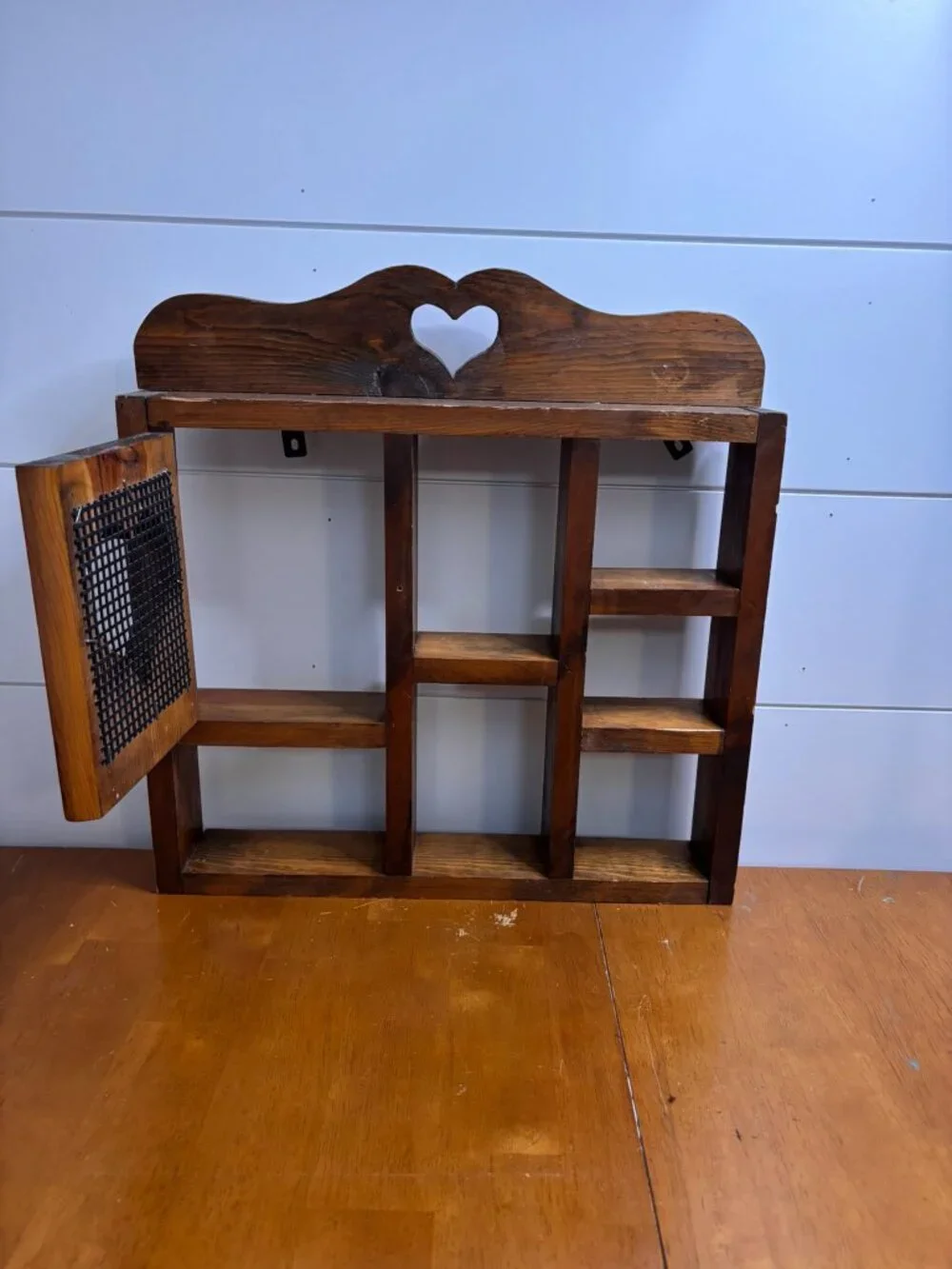 VTG Cottagecore Wood Shadow Box Shelf with Heart Cutout & Mesh Door